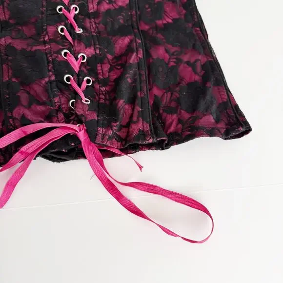 [Tripp NYC] Black Pink Y2K Floral Print Lace Hook & Eye Corset Top Size Large L - Picture 5 of 12